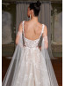 Beaded Ivory Lace Tulle Slit Wedding Dress With Detachable Cape